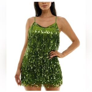 Macy’s B Darlin V-Neck Sequin-Fringe-Trim Mini Dress - size small (green) NWT